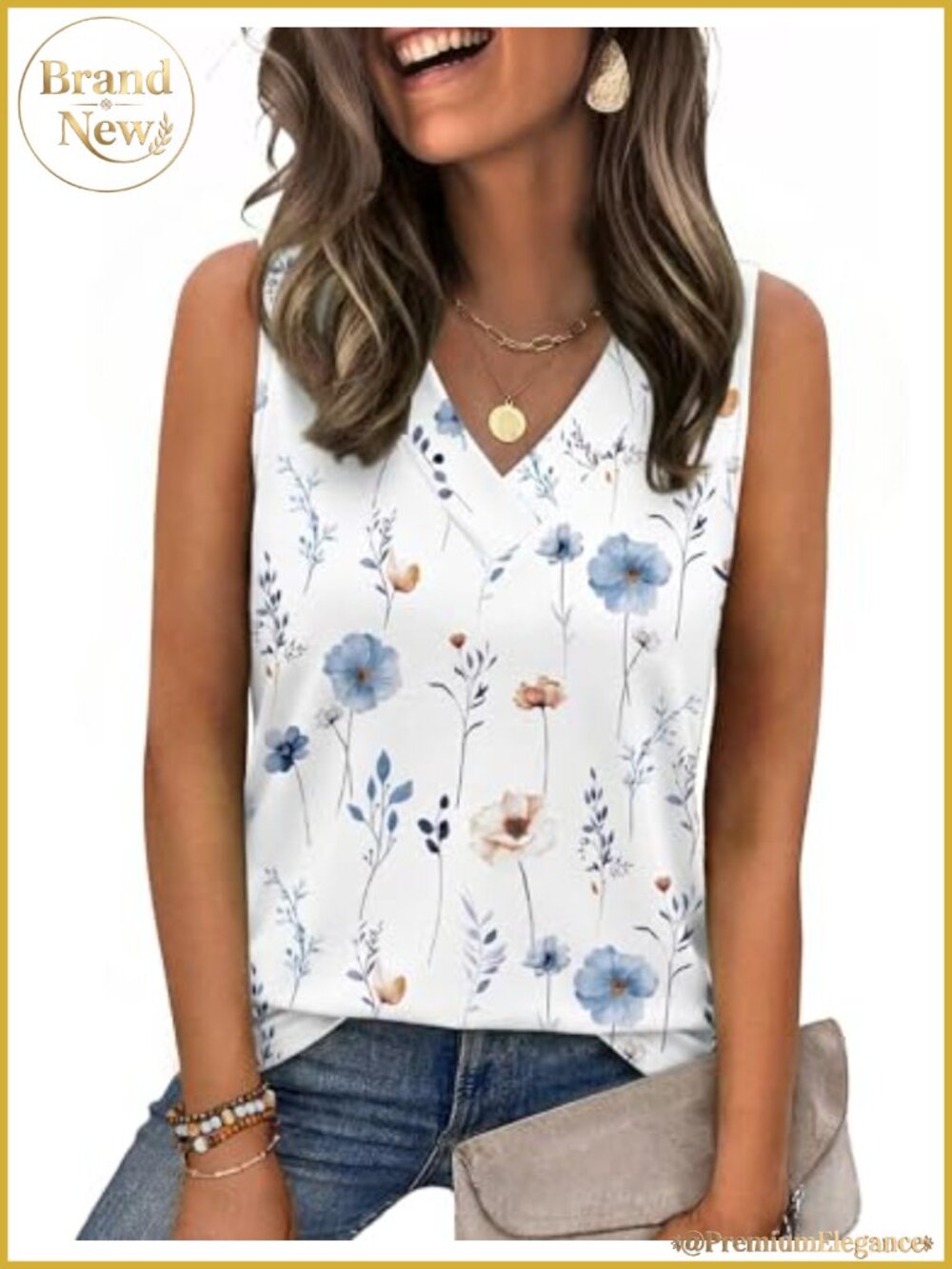 Womens Loose Fit V Neck Sleeveless Tank Top Summer Boho Blouse